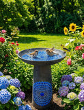LITUDISO Ceramic Bird Bath for Outdoors – 21.5 Inch Heavy Duty, Diamond Blue Design for Garden & Patio Décor, Perfect for Bird Watching & Outdoor Spaces