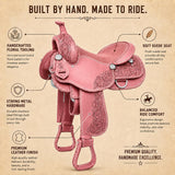 Handmade Black Leather Western Horse Saddle, Floral Tooled Equestrian Tack with Silver Conchos & Stirrups, Trail Riding Ranch Saddle (Pink, 12 inches)