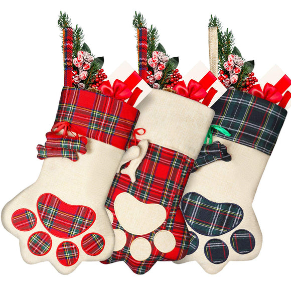 Syhood 3 Pieces Pet Christmas Stockings Dog Cat Christmas Stockings 18'' Paw Pattern Stockings for Xmas Tree Fireplace Hanging Christmas Party Decorations Gift(Simple Plaid,Linen,Cotton)