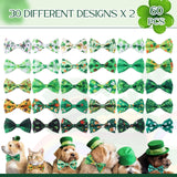 Sanwuta 60 Pcs St. Patrick's Day Dog Collar Bow Ties Bulk Shamrock Pet Bow Tie Pet Accessories Detachable Collar Charms for Small Medium Large Dogs Cat Grooming Supplies Costume