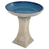 Sunnydaze Ceramic Bird Bath for Outside - 16" H - UV- and Frost-Resistant - Pedestal Bird Bath - Blue Glazed Bowl - White Lava Finish