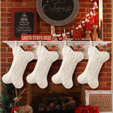 Malier Dog Christmas Stocking, Knit White Christmas Stocking for Dogs, Bone Shape Dog Stocking Christmas Large Pet Stockings Hanging Dog Christmas Stocking for Dogs Cats Pets (White)