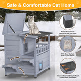 PETIMBER 2-Story Insulated Outdoor Cat House with Heated Pad, Insulated Liner, Escape Door, Winter Weatherproof Outdoor Heated Feral Cat Shelter, Wooden Cat House for Multiple Cats, Grey