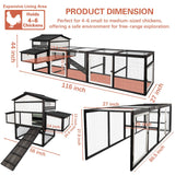 PetsCosset Extra Large Chicken Coop 116" L Wooden Poultry Cage with Run Hen House Outdoor Indoor Chicken Houses for 4-6 Chickens 4 Nesting Boxes, 4 Perches, Tray, Combinable, Gift for Chicken Lovers