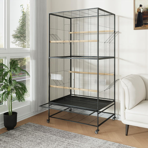 GarveeHome 66 Inch Large Bird Cage, Bird Cage with Rolling Storage Stands, Feed Bowls, Wide Tall Parrot Cage for Parakeets, Conures, Cockatiel, Cockatoo (Black 66 in)