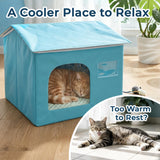 PatiencET Cat Cooling House for 1 Cat, Indoor Cooling Cat House for Summer, Blue Cat Hideaway Bed with Side Ice Packs, Insulated Foil Lining