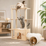 Regmuse 45 Inch Solid Wood Cat Tree, Modern Cat Tower for Indoor Cats, Cat Condo with Single Tunnel, Sisal Scratching Posts, High Perch Platform, Washable Cushion, Hanging Balls, Natural