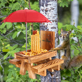 MIXXIDEA Squirrel Feeder Picnic Table with Tall Umbrella Set of 2, Wooden Squirrel Feeders for Outside, Cute Chipmunk Feeder with Corn Cob Holder, Solid Structure, Thick Wood (Rustic Brown 2pk)