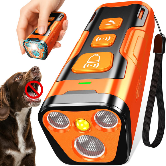 Orange electronic device with buttons and lights, held by a hand, next to a dog with a stop sign over its head.