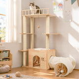 Regmuse 45 Inch Solid Wood Cat Tree, Modern Cat Tower for Indoor Cats, Cat Condo with Single Tunnel, Sisal Scratching Posts, High Perch Platform, Washable Cushion, Hanging Balls, Natural