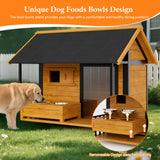 HomeSheek Dog House with Dog Bowls Stand, Large Outdoor Dog House Kennel, Easy to Install, Design with Weatherproof Roof and All-Around Iron Frame for Outside Small Medium Large Breed Dogs(Brown)