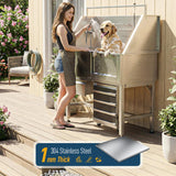 RDCMKL 46" Dog Washing Station, Leak-Proof 304 Stainless Steel Dog Bathtub with Non-Slip Removable Left Ramp & Storage Drawer, Elevated Pet Wash Station for Large Dogs, Garage & Outdoor Use