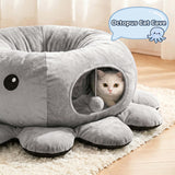VIEFIN Cat Tunnel Bed for Indoor Cats, Peekaboo Cat Cave Bed with 20 Pcs Cat Toys, Soft Cat Donut Tunnel for Kitten Large Cats, Grey Octopus