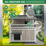 Weatherproof Outdoor Cat House with Large Balcony, 2-Story Feral Shelter