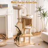 Kicari Modern Solid Wood Cat Tree for Indoor Cats Large Adult, 50in Tall Cat Tower with Sisal Scratching Posts, Cat Scratcher Cardboard, Cozy Cat Beds Cave Condo, Multi-Level Cat Furniture