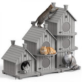 Gray multi-level cat house with cats on a white background