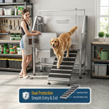 RDCMKL 46" Dog Washing Station, Leak-Proof 304 Stainless Steel Dog Bathtub with Non-Slip Removable Left Ramp & Storage Drawer, Elevated Pet Wash Station for Large Dogs, Garage & Outdoor Use