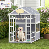 PawHut Dog House Outdoor Indoor, 79" x 41" x 63" Wooden Dog Shelter with Porch, Storage Cabinet, Weatherproof Roof, Elevated Floor, Air Vents & Observation Windows, Large Pet Shelter for Large Breeds