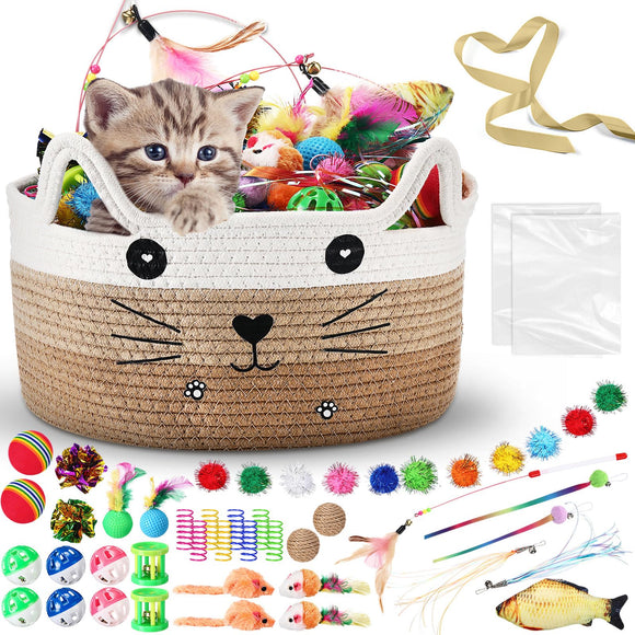 Zopeal 76 Pcs Cat Storage Basket Gift Toys Set, Interactive Cat Toys, Kitten Wand, Colorful Flashing Balls Pet Bell Crinkle Balls Spring Attract Kitten to Swat, Bite, Hunt for Pet Indoor(Khaki)