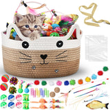 Zopeal 76 Pcs Cat Storage Basket Gift Toys Set, Interactive Cat Toys, Kitten Wand, Colorful Flashing Balls Pet Bell Crinkle Balls Spring Attract Kitten to Swat, Bite, Hunt for Pet Indoor(Khaki)