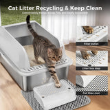 GTPLAYER Stainless Steel Cat Litter Box XL - Extra Large High-Sided Open-Top Metal Litter Box for Large & Multi-Cat Homes, Splash Guard, Low Entry, Easy Clean 304 Steel with Step, Mat & Scoop, White
