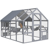 PawHut 110" L Large Catio Outdoor Cat Enclosure for Multiple Kittens, 56 sq.ft Wooden Cat House with Waterproof Cover, Walk in Kitty Cage Kennel with 2 Condos, 6 Platforms, for Backyard, Patio, Gray