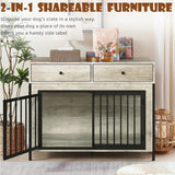 LEMBERI 44 Inch Large Dog Crate Furniture with 2 Storage Drawers, Wooden Dog Kennel Furniture as End Table, Decorative Pet Cage Dog House Indoor for Dogs, New Grey