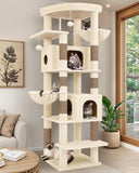 Globlazer Heavy Duty Cat Tree, 74in Sturdy Cat Tower for Large Cats Adult, Big Cat Tree with 7 Sisal Scratching Posts, 2 Padded Condos, 2 Dual-Ear Hanging Baskets, Enlarged Top Perch, S74, Beige