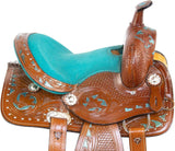 LEATHERRIDE Western Leather Barrel Saddle Floral Embossed Tooled Trail Rodeo Horse Saddle with Matching Headstall, Reins and Breast Collar (14inch)