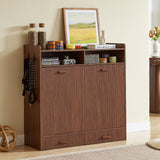 Tilt-Out Trash Can Cabinet with Storage, Dog Feeding Station, Dark Walnut
