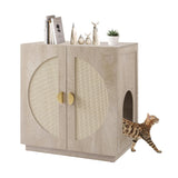 Wooden cabinet with round design and a cat walking towards it on a white background