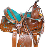 LEATHERRIDE Western Leather Barrel Saddle Floral Embossed Tooled Trail Rodeo Horse Saddle with Matching Headstall, Reins and Breast Collar (14inch)