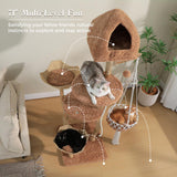 UYMI Modern Cat Tree for Indoor Cats Large Adult, 71" Tall Cat Tower with Solid Wood Scratching Posts, Swing Hammock, Large Platform & Cat Condo, 2 Woven Basket, Boho Luxury Pet Furniture, Brown