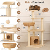 BUMUBI Modern Rattan Cat Tree House Condo Tall Heavy Duty Cat Climbing Tower with Scratching Post,Basket,Bed,and Stand for Indoor Large Adult Cat