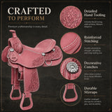 Handmade Black Leather Western Horse Saddle, Floral Tooled Equestrian Tack with Silver Conchos & Stirrups, Trail Riding Ranch Saddle (Pink, 12 inches)