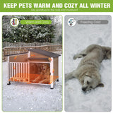 GUTINNEEN Large Heated Dog House Insulated Outdoor Weatherproof Dog Kennel with Safe Heating Pad, Chew-Proof Metal Frame, Rotatable Spill-Proof Bowl for Medium to Large Dog Breeds (Light Brown)