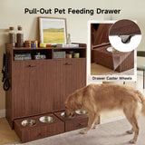 Tilt-Out Trash Can Cabinet with Storage, Dog Feeding Station, Dark Walnut