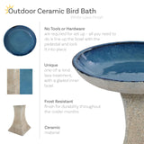 Sunnydaze Ceramic Bird Bath for Outside - 16" H - UV- and Frost-Resistant - Pedestal Bird Bath - Blue Glazed Bowl - White Lava Finish