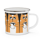Cute Orange Cat Enamel Camping Mug — Retro Cat Holding Coffee Travel Cup
