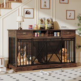 Garvee Double Dog Crate Furniture, 63” Large Dog Kennel Furniture with Divider and Sliding Doors, Heavy Duty Dog Kennel Furniture with Drawers and Shelves for Living Room, Retro Brown