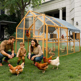 KEIKI 110"L Outdoor Large Chicken Coop with Waterproof Cover, Roosting Platform, Wire Mesh & 2 Lift Small Doors with Locks, Wood Chicken Coop House with Run for Cat Kitten Playpen, Duck, Rabbit, Quail