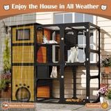 Trygoal Large Catio Enclosure, 4-Tier Weatherproof Cat House, Multi-Level Outdoor Cat Patio with Platforms & Resting Rooms, Window Attached for Backyard/Patio/Balcony, Black & Natural
