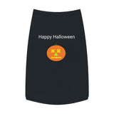 A black pet skirt featuring a 'Happy Halloween' graphic with an orange jack-o'-lantern and white text, displayed on a solid white background.