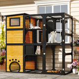 Trygoal Large Catio Enclosure, 4-Tier Weatherproof Cat House, Multi-Level Outdoor Cat Patio with Platforms & Resting Rooms, Window Attached for Backyard/Patio/Balcony, Black & Natural