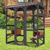 Wooden Catio Outdoor Cat Enclosure — Large Walk-in Kitty Condo with 7 Climbing Platforms, 2 Napping Houses, Expandable Window Panel & Weatherproof Asphalt Roof (Black, Large)