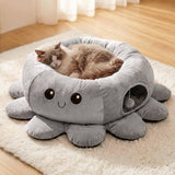 VIEFIN Cat Tunnel Bed for Indoor Cats, Peekaboo Cat Cave Bed with 20 Pcs Cat Toys, Soft Cat Donut Tunnel for Kitten Large Cats, Grey Octopus