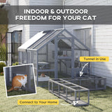 PawHut 110" L Large Catio Outdoor Cat Enclosure for Multiple Kittens, 56 sq.ft Wooden Cat House with Waterproof Cover, Walk in Kitty Cage Kennel with 2 Condos, 6 Platforms, for Backyard, Patio, Gray