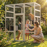 70" Large Outdoor Catio Cat Enclosure, Wood Cat Patio with Waterproof UV-Resistant Roof, Cats Shelter with 5 Platforms and 2 Resting Box, and Secure Rust-Proof Wire for Backyard or Patio