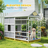 PawHut Dog House Outdoor Indoor, 79" x 41" x 63" Wooden Dog Shelter with Porch, Storage Cabinet, Weatherproof Roof, Elevated Floor, Air Vents & Observation Windows, Large Pet Shelter for Large Breeds
