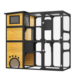 Trygoal Large Catio Enclosure, 4-Tier Weatherproof Cat House, Multi-Level Outdoor Cat Patio with Platforms & Resting Rooms, Window Attached for Backyard/Patio/Balcony, Black & Natural